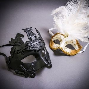 Black Venetian Pegasus w/ White Feather Gold Masquerade Couple's Party Masks